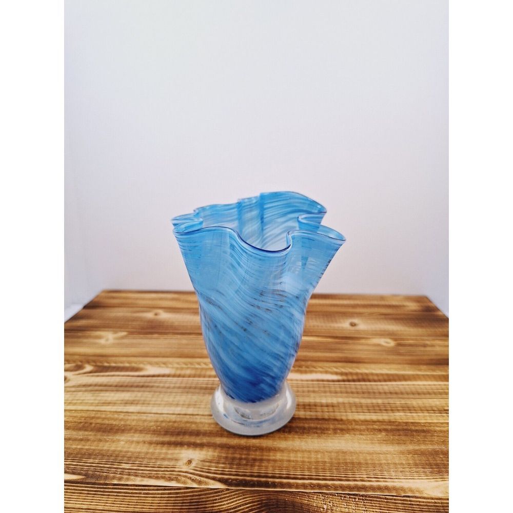 Vintage Hand‎ Blown Art Ruffle Glass Vase Blue Swirl Fluted VTG MCM